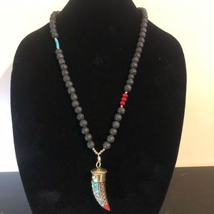 Brass mosaic pendant with black lava beads, turquoise and red jade accent beads